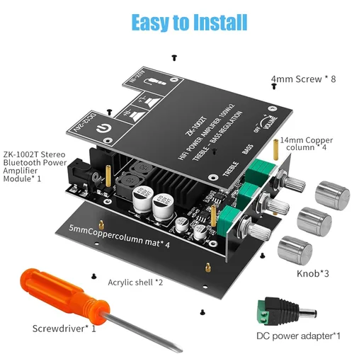 Miniatura 5 de ZK-1002T Placa de amplificador Bluetooth de 100 W+100 W con control de agudos y graves, placa de amplificador de audio estéreo mini de 2.0 canales