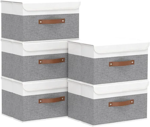 Miniatura 21 de Yawinhe SNK024BEN-1 Cajas de almacenamiento plegables, cestas apilables de tela de lino, contenedor con tapa y asa de cuero, lavable, para el hogar