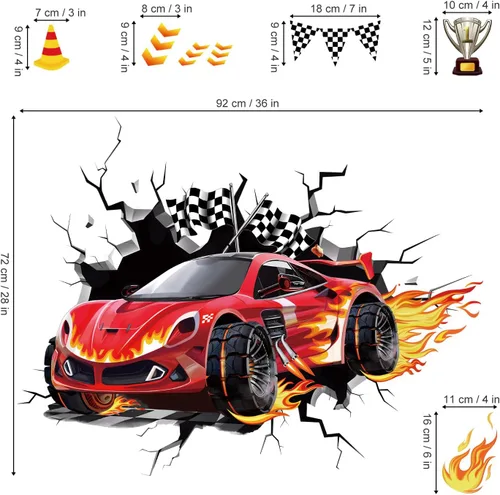 Miniatura 4 de decalmile Calcomanías de pared de autos de carreras 3D, banderas de coches rojos, calcomanías de pared para habitación de bebé, habitación de niños