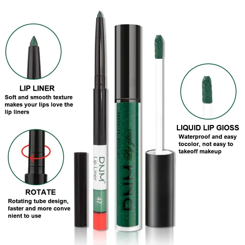 Miniatura 5 de evpct 2 Piezas Lápiz Labial Líquido Verde Esmeralda con Brillo Glitter, Brillo Labial Tinte y Delineador de Labios Retráctil, Set de Maquillaje