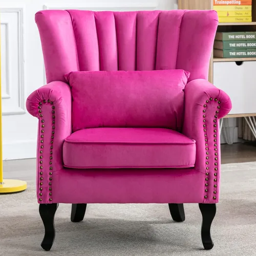 Silla decorativa moderna de mediados de siglo, sillón tapizado, cómodo sofá individual de tela de terciopelo con respaldo forrado para espacios Rosa