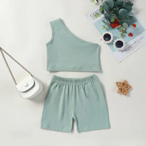 Miniatura 2 de Conjunto de 2 piezas de camiseta sin mangas de color sólido para niñas pequeñas, conjunto de 2 piezas, traje casual de verano