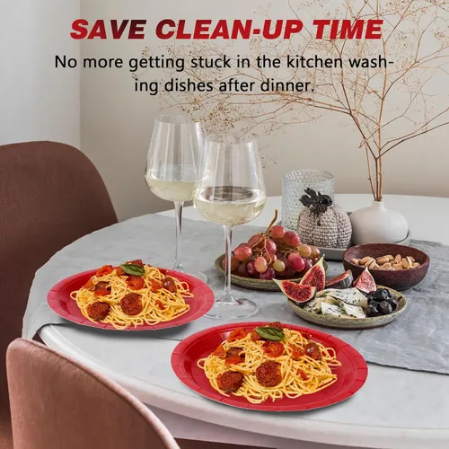Miniatura 4 de Platos de Papel Desechables Rojos, 50 Unidades Platos de Cena de 9" al Por Mayor para Suministros de Fiesta, Platos de Fiesta Coloridos