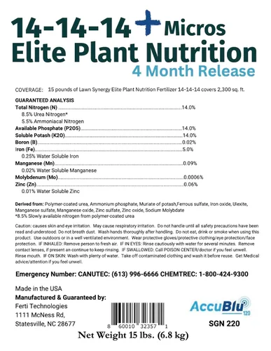 Miniatura 3 de 14-14-14 Plant Fertllizer Elite Nutrition - 15 libras de liberación lenta 120 días - Agregado en micros - Fertilizante ornamental y de paisaje