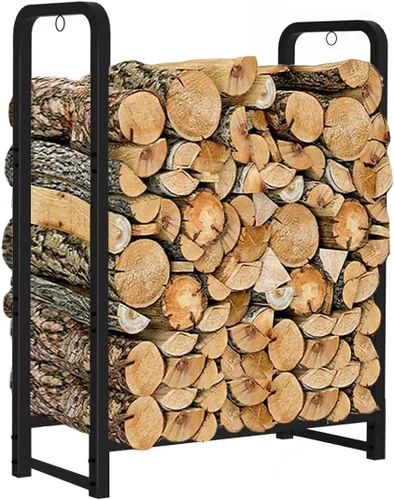 Soporte para leña de 2 pies, resistente para chimenea de interior y exterior, apilador de almacenamiento de pilas de madera, color negro mate