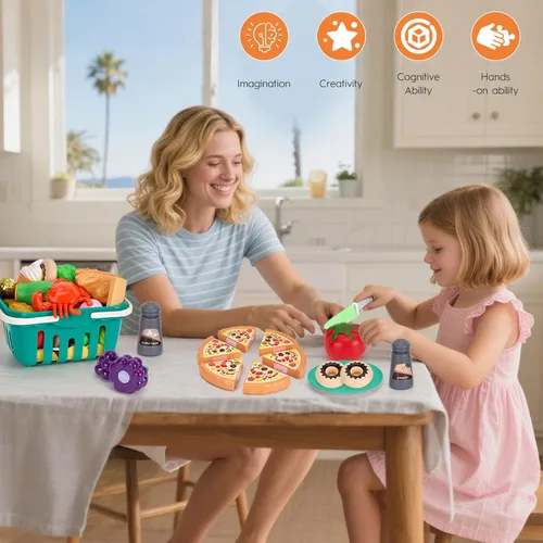 Miniatura 8 de Juego de cocina de 150 piezas, accesorios de cocina para niños pequeños, alimentos, manta de picnic, frutas, verduras, paquete de 2 cestas de Azul