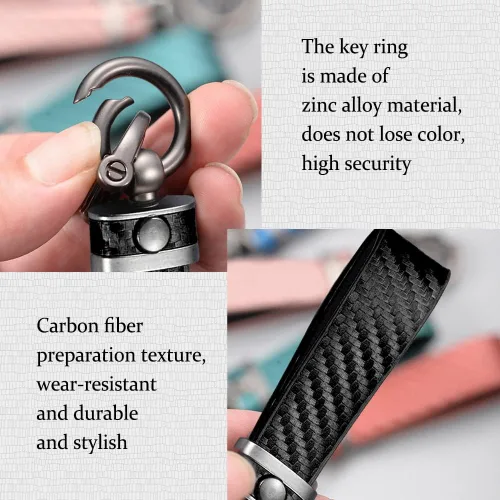 Miniatura 3 de ASUBHA Llavero de coche de fibra de carbono, llavero universal de cuero de alta calidad, giratorio de 360 grados con anillo en D antipérdida