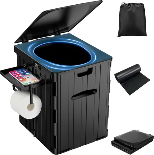 Inodoro portátil XL para adultos, extra grande de 15.4"H plegable para acampar con estante desmontable para teléfono y soporte para papel,