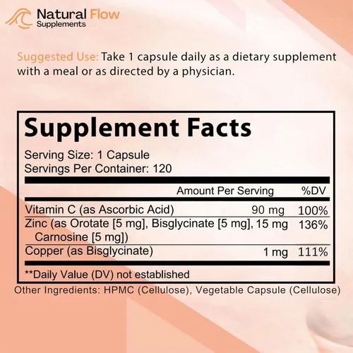 Miniatura 9 de Natural Flow Zinc 3X Complex — 15 mg Tres formas queladas (bisglicinato, carnosina, orrotato) con cobre y vitamina C — Suave para el estómago