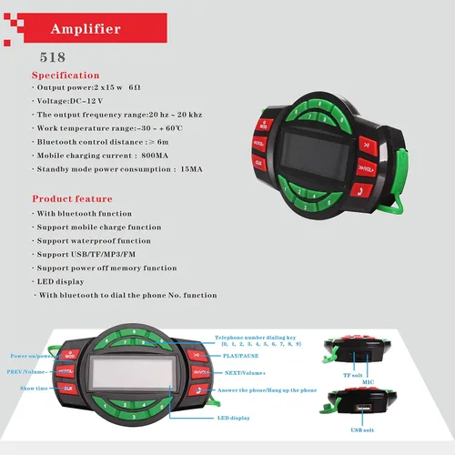 Miniatura 2 de XYC Amplificador Bluetooth de 12 V UTV ATV Sistema de sonido Altavoces manos libres FM Sistema de audio USB Estéreo de 3.5 pulgadas Altavoces de 12