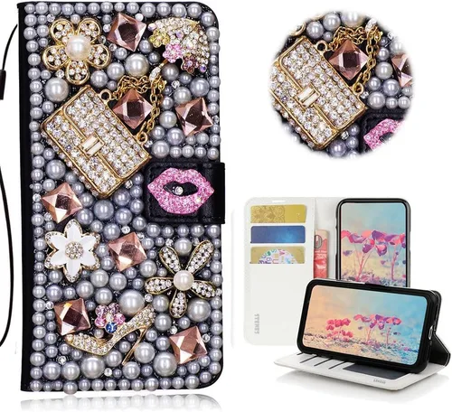 Miniatura 11 de Bling Wallet - Funda de piel compatible con iPhone 11, elegante, hecha a mano en 3D, diseño de mariposa, rosas, flores y diamantes de imitación