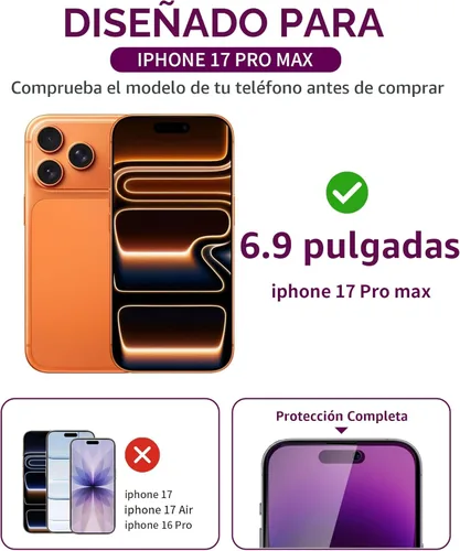 Miniatura 2 de Paquete de 3 protectores de pantalla de privacidad para iPhone 17 Pro Max, vidrio templado de 6.9 pulgadas, protección ocular antiespía, cobertura