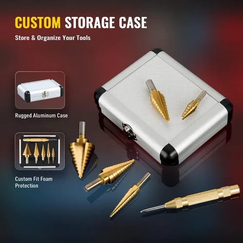 Miniatura 6 de ZELCAN HSS - Juego de 5 brocas escalonadas de titanio con punzón central automático para chapa metálica con caja de aluminio, 50 tamaños en 5 brocas