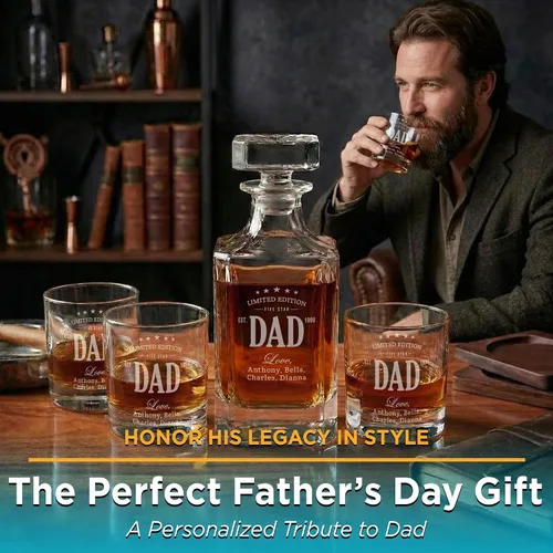 Miniatura 2 de Juego de decantador de whisky personalizado con vasos para papá, juegos de decantadores de bourbon personalizados, 4 diseños, vasos de whisky