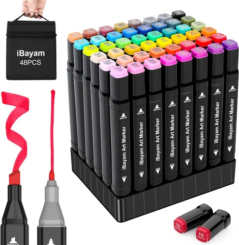 iBayam Marcadores de Alcohol 48 Colores con Estuche y Soportes, Puntas Dobles Cincel y Fina, Marcadores de Arte para Colorear de Adultos y Dibujo de