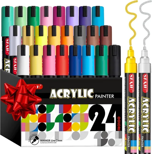 SFAIH Marcadores creativos acrílicos – Puntas reemplazables de 0.118 pulgadas, 24 colores, gran capacidad de tinta, alta cobertura, tinta a base de