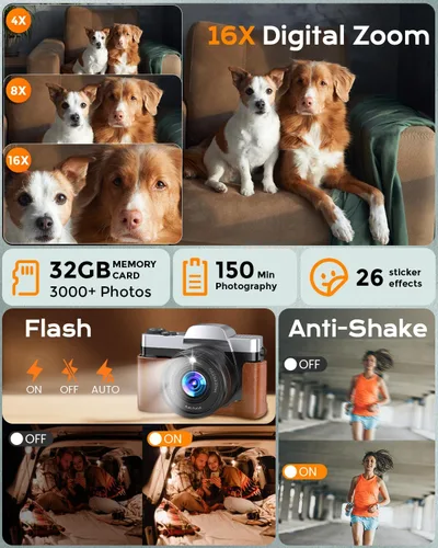 Miniatura 7 de Cámara digital 4K para enfoque automático de fotografía, cámara de vlogging WiFi de 64MP para YouTube con pantalla abatible de 180° de 3 pulgadas