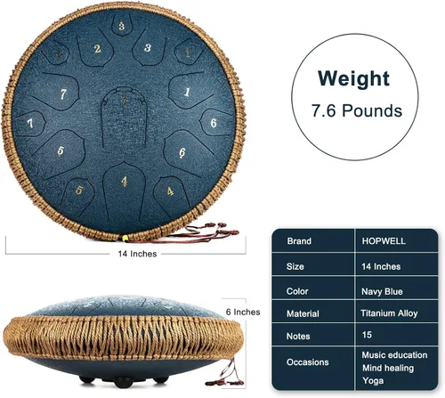 Miniatura 5 de HOPWELL Tambor de Lengua de Acero - Tambor de Lengua de 14 Pulgadas 15 Notas - Tambor Hand Pan con Libro de Música, Mazos para Tambores Handpan