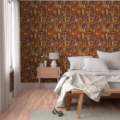 Miniatura 5 de Spoonflower Papel tapiz de despegar y pegar - flor de estilo vintage, retro floral, hippie de los años 70, hongo de los años 70, marrón naranja