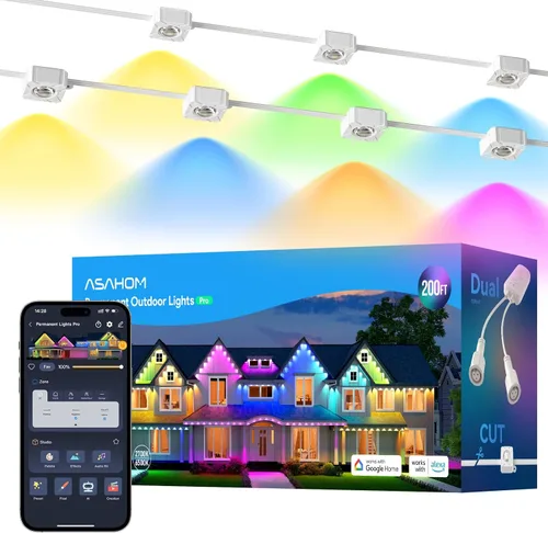 Miniatura 12 de ASAHOM Luces permanentes para exteriores Pro S108B, 100 pies con 72 luces LED RGBCW, WLED integrado, 70lm blanco, efecto dinámico 30000, iluminación