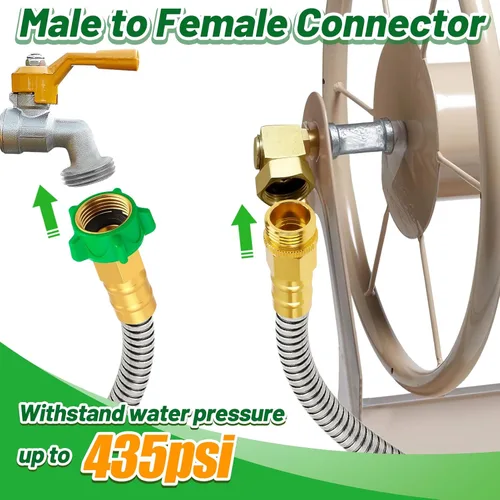 Miniatura 2 de Manguera de jardín corta con conector macho a hembra, manguera líder de metal a prueba de fugas de 2 pies para carrete, tubo de agua flexible