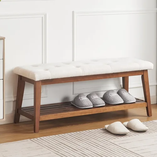kinmars Banco Tapizado para Dormitorio al Pie de la Cama, Banco de Entrada de 42.5 Pulgadas para Sala de Estar, Banco de Comedor con Asiento Beige