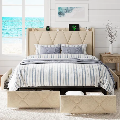 GalnFu Base de cama de tamaño matrimonial con 4 cajones de almacenamiento, plataforma tapizada con estación de carga, moderna cabecera de Beige