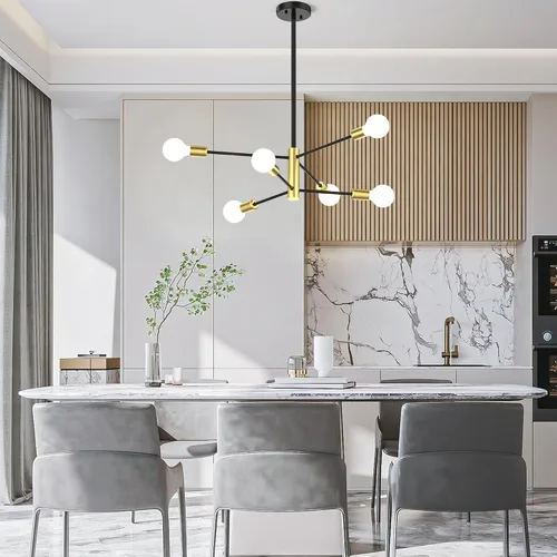 Miniatura 7 de Candelabros Sputnik Modernos para Comedor, Altura Ajustable Semi Empotrado Negro y Dorado Candelabro Lámpara de Techo Montaje 6 Luces Mediados