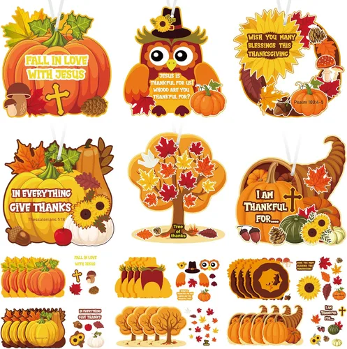Outus 24 piezas de manualidades religiosas de otoño para niños, calcomanías de calabaza y Jesús de cosecha de otoño, adornos colgantes para