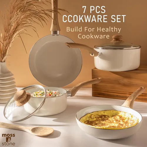 Miniatura 6 de Moss & Stone Juego de 6 Piezas de Utensilios de Cocina Antiadherentes Blancos, Juego de Ollas y Sartenes Antiadherentes con Tapa de Cristal, 6