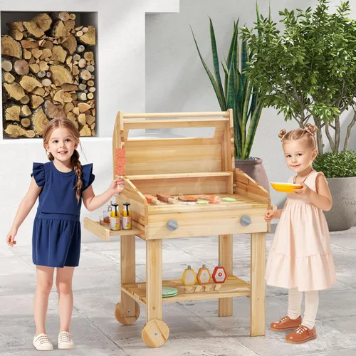 Miniatura 8 de HONEY JOY Cocina de barro, juego de parrilla de madera de abeto para niños al aire libre, juego de comida y herramientas de parrilla, bandeja