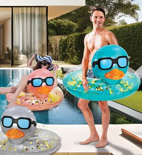 Miniatura 5 de POZA Flotador inflable de pato para piscina: vinilo resistente a los rayos UV, confeti de pato para piscina, flotador de piscina de animales, anillo