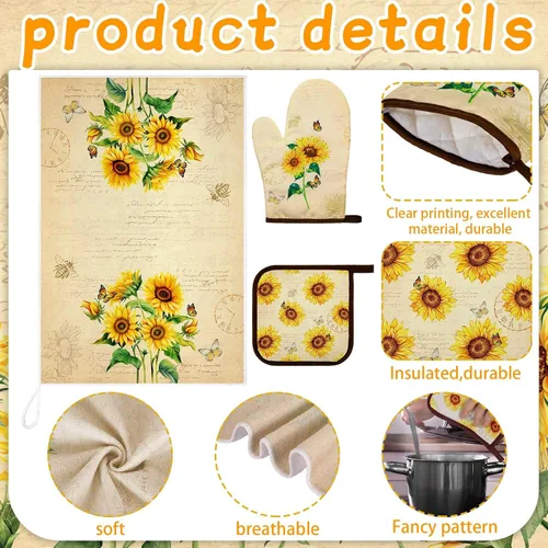 Miniatura 4 de Bencailor Juego de ropa de cocina de girasol de 7 piezas, incluye delantal, 2 toallas, guante de horno, 2 soportes para ollas, núcleo de cabaña