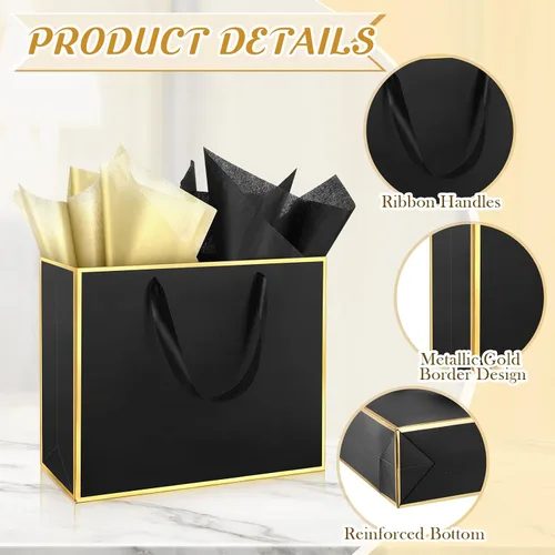 Miniatura 3 de ReliThick Paquete de 24 bolsas de regalo de papel metálico con asas y papel de seda de 11.8 x 10 x 4 pulgadas, bolsa de agradecimiento para Negro