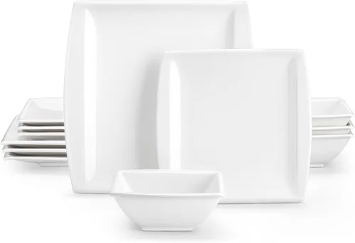 Miniatura 9 de MALACASA Juego de platos y cuencos, juego de vajilla de porcelana de 12 piezas para 4, platos cuadrados y cuencos para postre, ensalada y sopa
