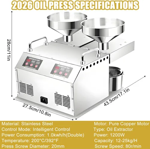 Miniatura 8 de Máquina de prensa de aceite eléctrica mejorada 2026, extractor de aceite automático, motor dual de 1200 W, rendimiento del 99% y continuo de 24