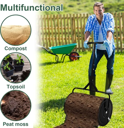 Miniatura 7 de Hiboom Esparcidor de compost de 36 pulgadas, esparcidor de turba y musgo, rodillo de estiércol con mango ajustable en forma de T, malla metálica
