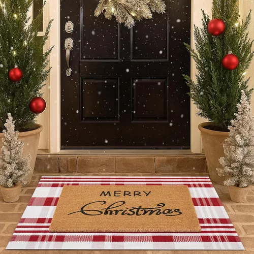 Miniatura 10 de Juego de tapetes de puerta de Navidad - Tapete de bienvenida 100% fibra de coco + alfombra a cuadros roja y negra de 28 x 43 pulgadas, juego