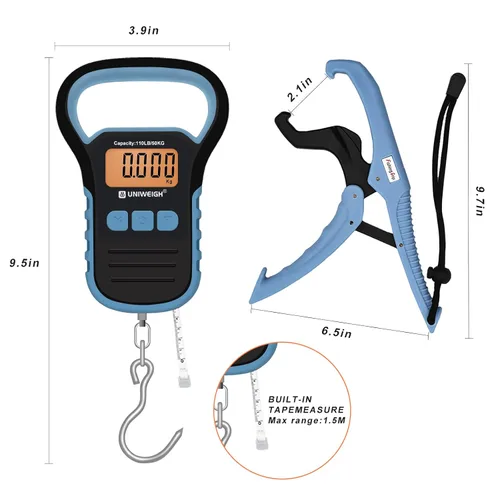 Miniatura 3 de Báscula de pesca impermeable con pinza de labio, báscula de equipaje colgante postal de 110 libras con gancho, báscula de mano digital con cinta