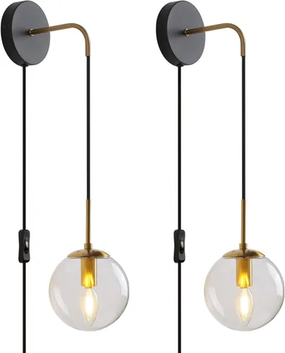 Miniatura 13 de Juego de 2 apliques de pared negros y latón dorados. Juego de 2 apliques de pared enchufables con pantalla de vidrio ámbar globo, lámparas de pared