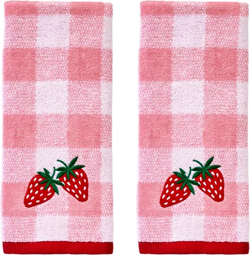 SKL Home Buffalo Plaid Strawberry - Juego de 2 toallas de mano bordadas y decorativas para baño, cocina, bar y regalo, color rosa
