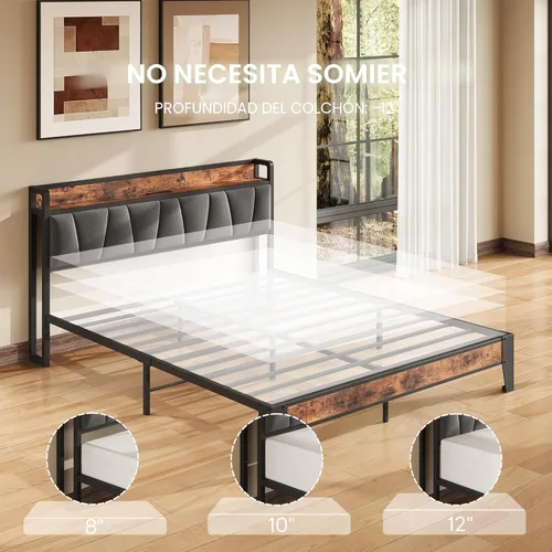 Miniatura 5 de LIKIMIO Base de cama Queen, cabecera de almacenamiento con estación de carga, sólida y estable, sin ruido, no necesita somier, fácil montaje Vintage