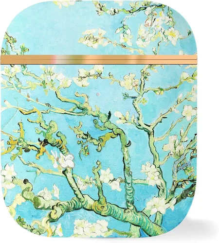 Berkin Arts Compatible con AirPods de tercera generación, funda rígida ultra delgada con llavero de cloisonismo, verde azulado a la moda (flor de