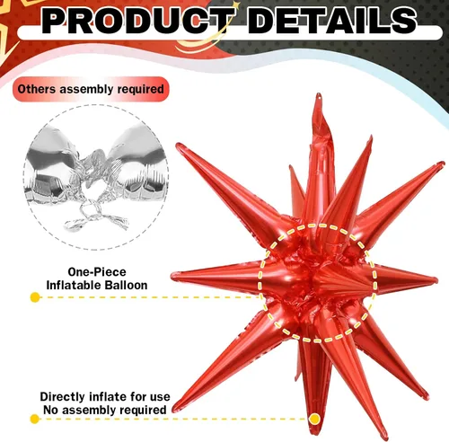 Miniatura 3 de HILAVO 6 unidades de Globos de Estrella Negros y Rojos, 22 Pulgadas, Globos de Aluminio Grandes en Forma de Estrella, Globos de Cono en Punta