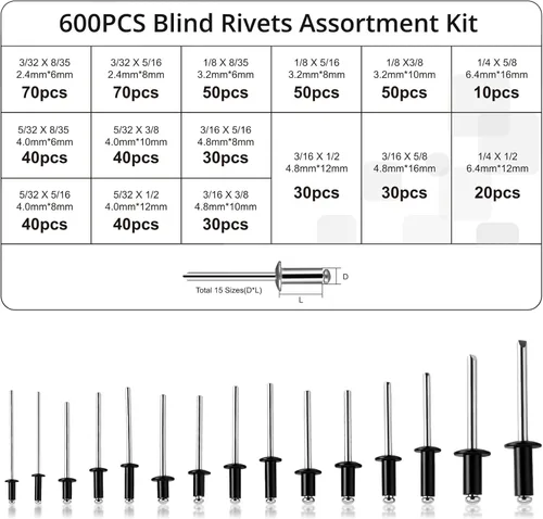 Miniatura 8 de Proster Kit surtido de 600 remaches ciegos de aluminio negro, 15 tamaños (3/32 pulgadas - 1/4 pulgadas) con estuche de almacenamiento portátil