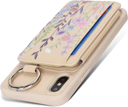 Miniatura 3 de Havaya Funda para iPhone Xs y iPhone X, cartera con tarjetero y llavero, soporte de anillo de piel sintética, diseño floral con ranuras