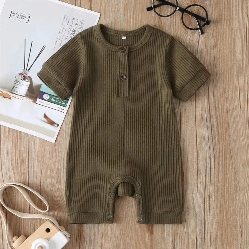 Miniatura 84 de Mameluco unisex de manga corta para bebé recién nacido, con botones, de una pieza, ropa de color sólido