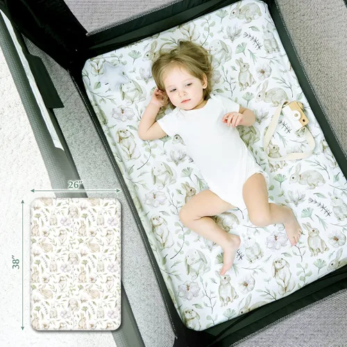 Miniatura 3 de TCBunny Pack N Play - Juego de 2 sábanas para cuna de bebé de 38 x 26 pulgadas, ultra suaves, 100% algodón, elegante patrón de conejo y jardín