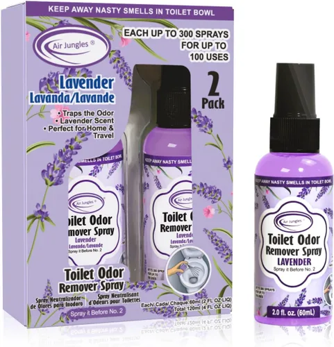 Air Jungles Spray para excrementos de inodoro, 2 onzas líquidas (2 unidades), aroma a lavanda, espray eliminador de olores antes del número 2, hasta