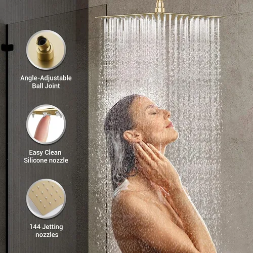 Miniatura 4 de DASAN - Sistema de ducha de lluvia de cuerpo completo con 4 chorros de ducha y cabezal de ducha de 12 pulgadas de montaje en pared y de mano, Oro